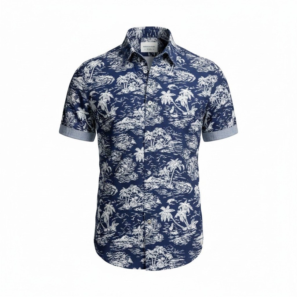 Paper Denim& Cloth Boys Navy White Tropical Palm Tree Button Up Shirt Size 10/12